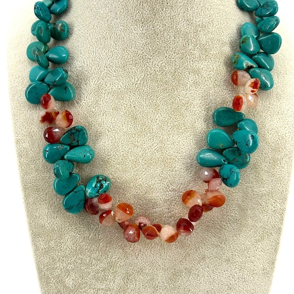 Turquoise Carnelian Teardrop Bead Pearl Smoky Quartz Statement Necklace 20